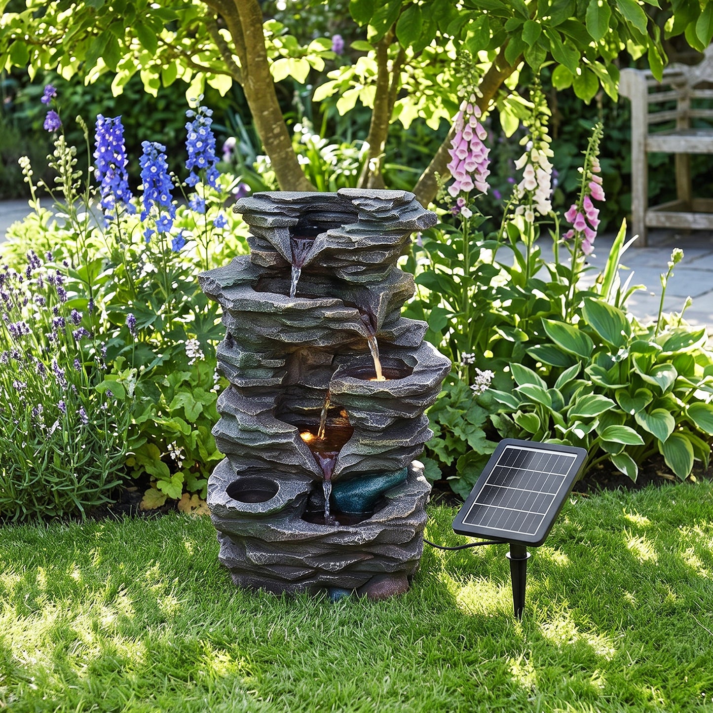 Solar-Powered Water Fountain Garden Outdoor Feature with LED Lights