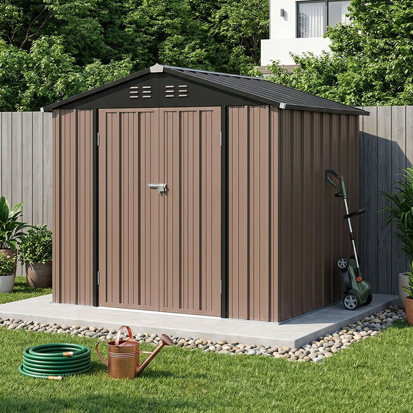 6x8FT Metal Garden Storage Shed with Lockable Double Doors