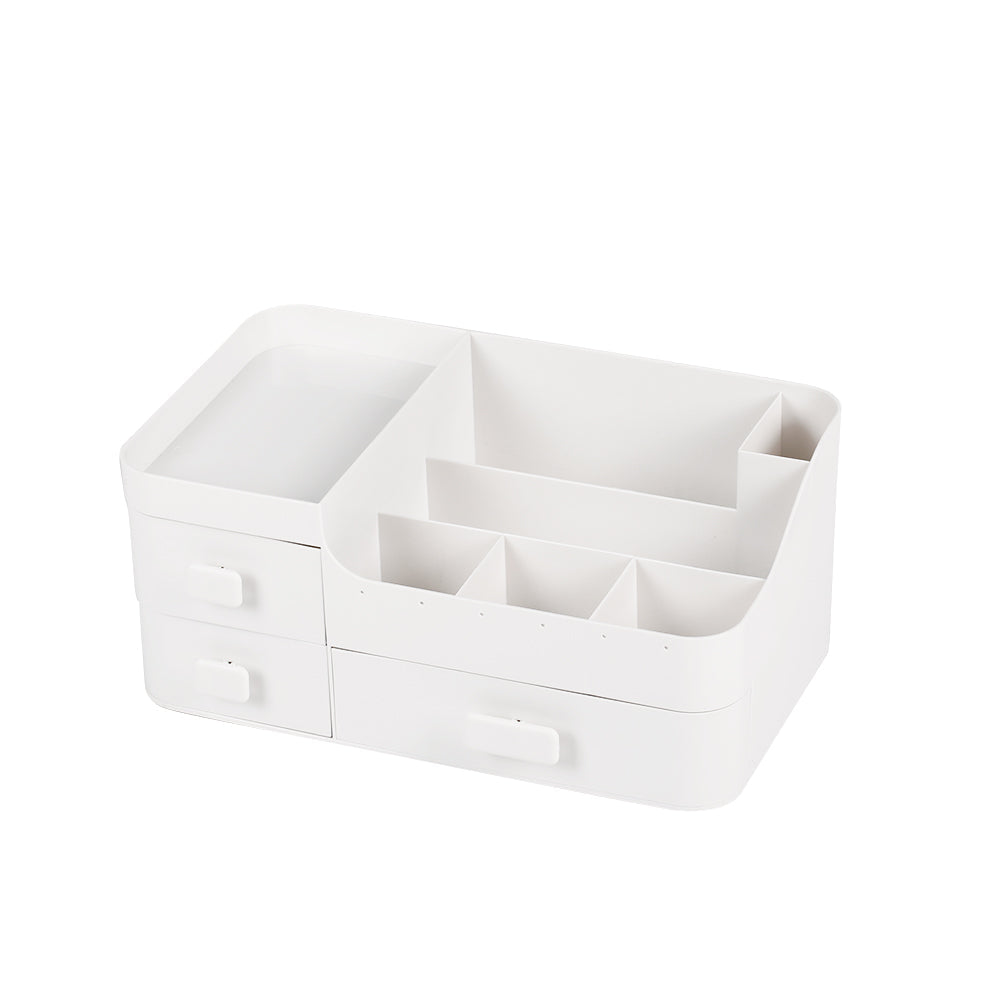 White plastic makeup organizer with open top dividers and two front drawers