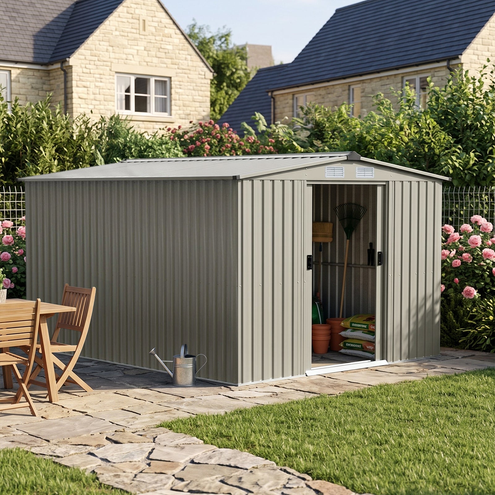 8x10ft Metal Double Sliding Doors Garden Storage Shed With Apex Roof 4 Vents