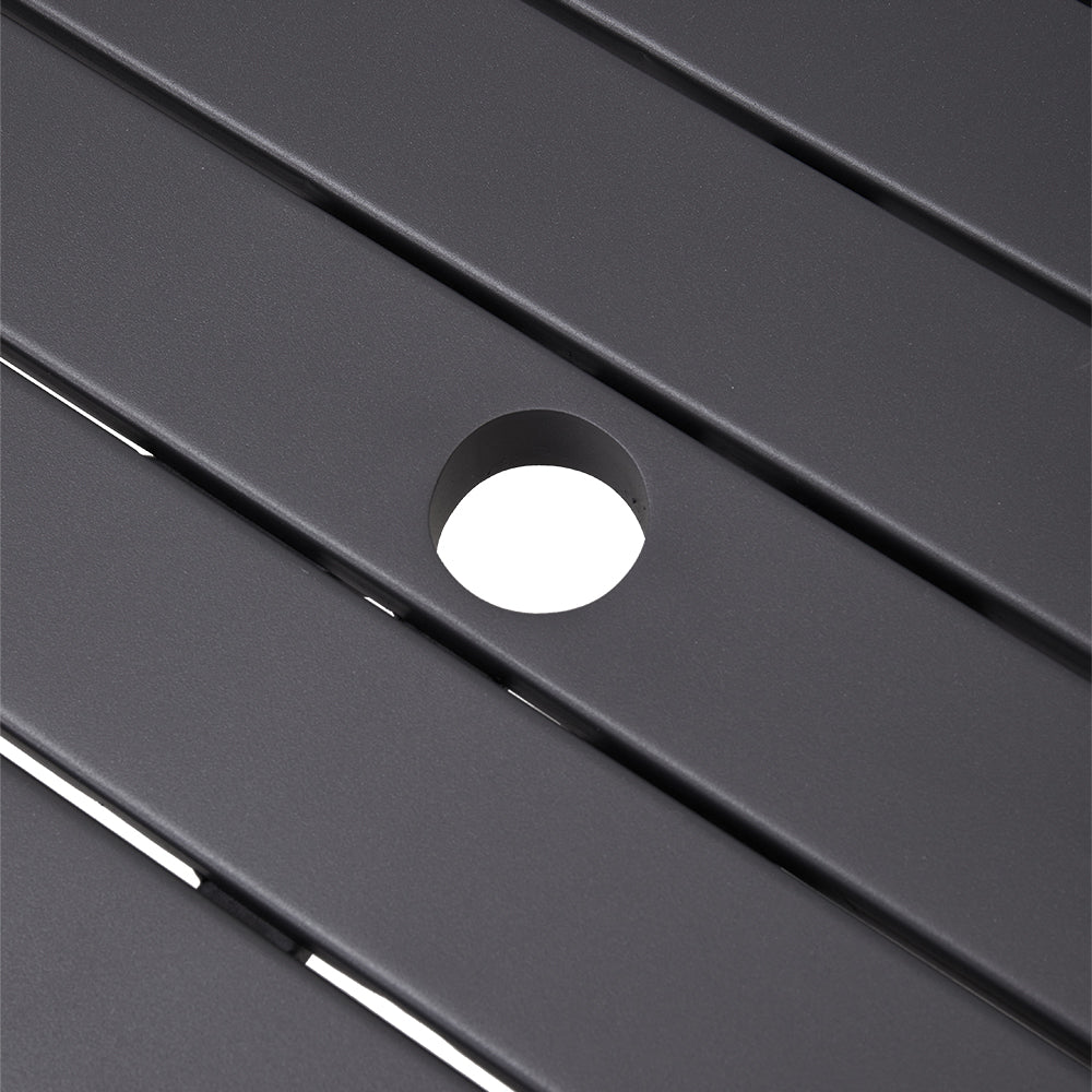 Center Umbrella Hole Detail on 150x90cm Black Metal Slatted Garden Table