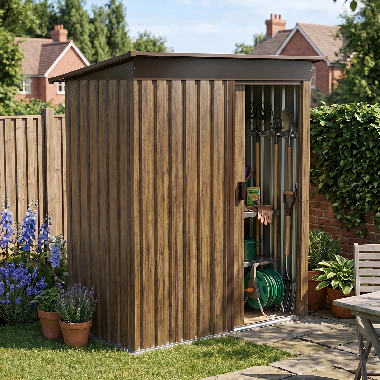 5x3ft Wood Grain Metal Garden Shed With Lockable Door