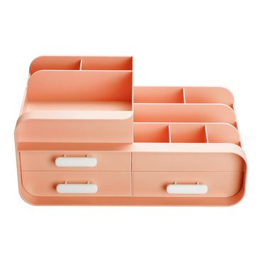 Peach-pink multifunctional plastic desktop organizer with open compartments and three drawers