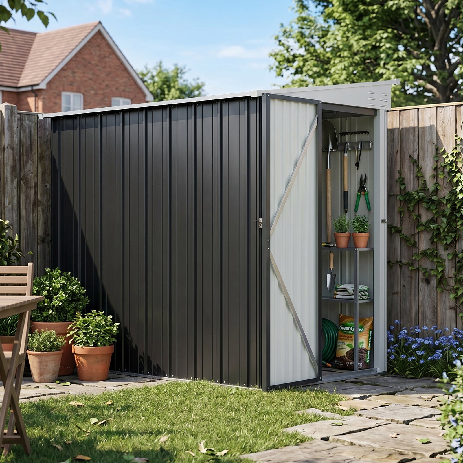 4x6FT Metal Garden Tool Shed With Pent Roof Lockable Door And Vents