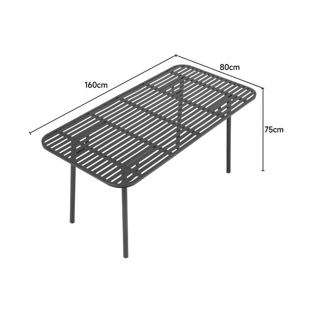 Measurement Chart of 160x80x75cm Black Metal Patio Table – Rectangular Outdoor Table Dimensions