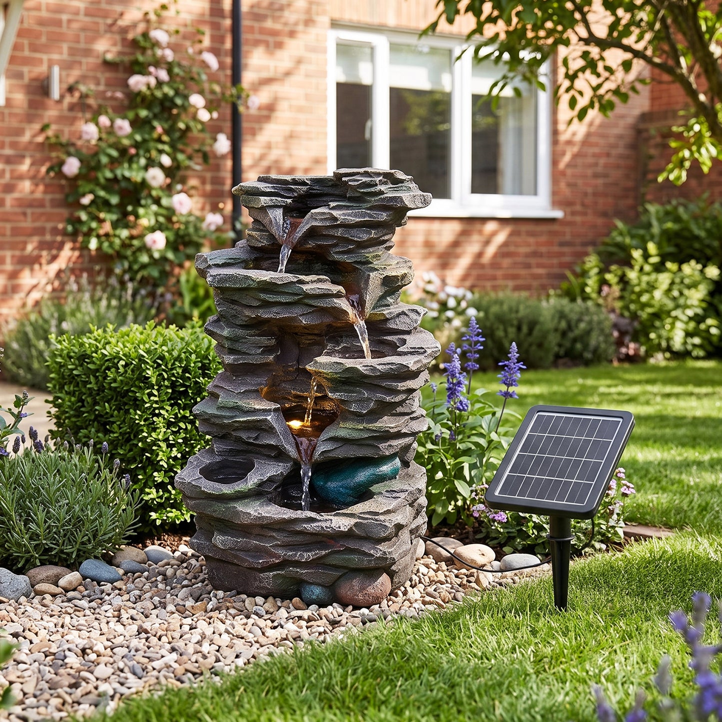 Solar-Powered Water Fountain Garden Outdoor Feature with LED Lights