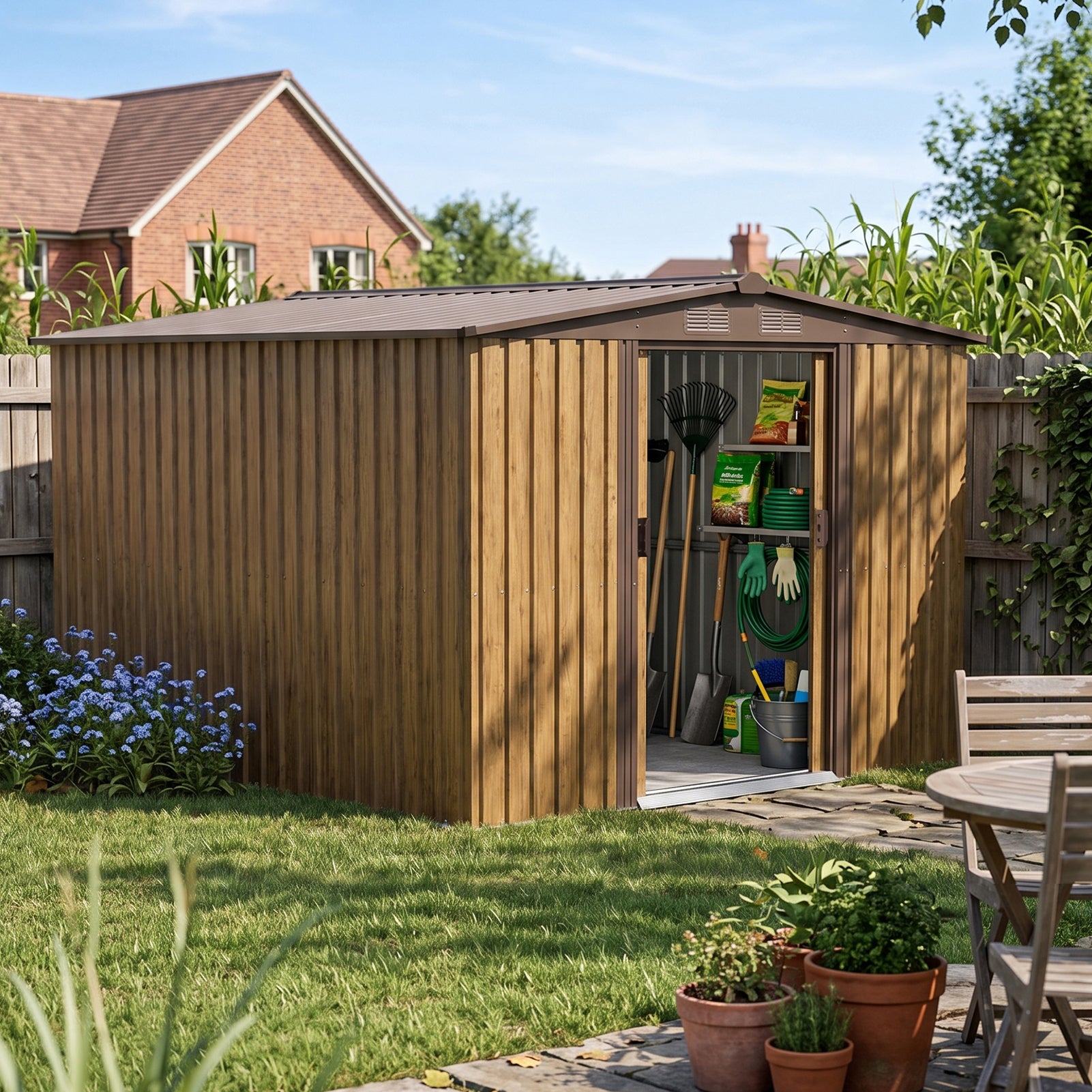 8x8ft Wood Grain Apex Roof Metal Garden Storage Shed With Sliding Doors