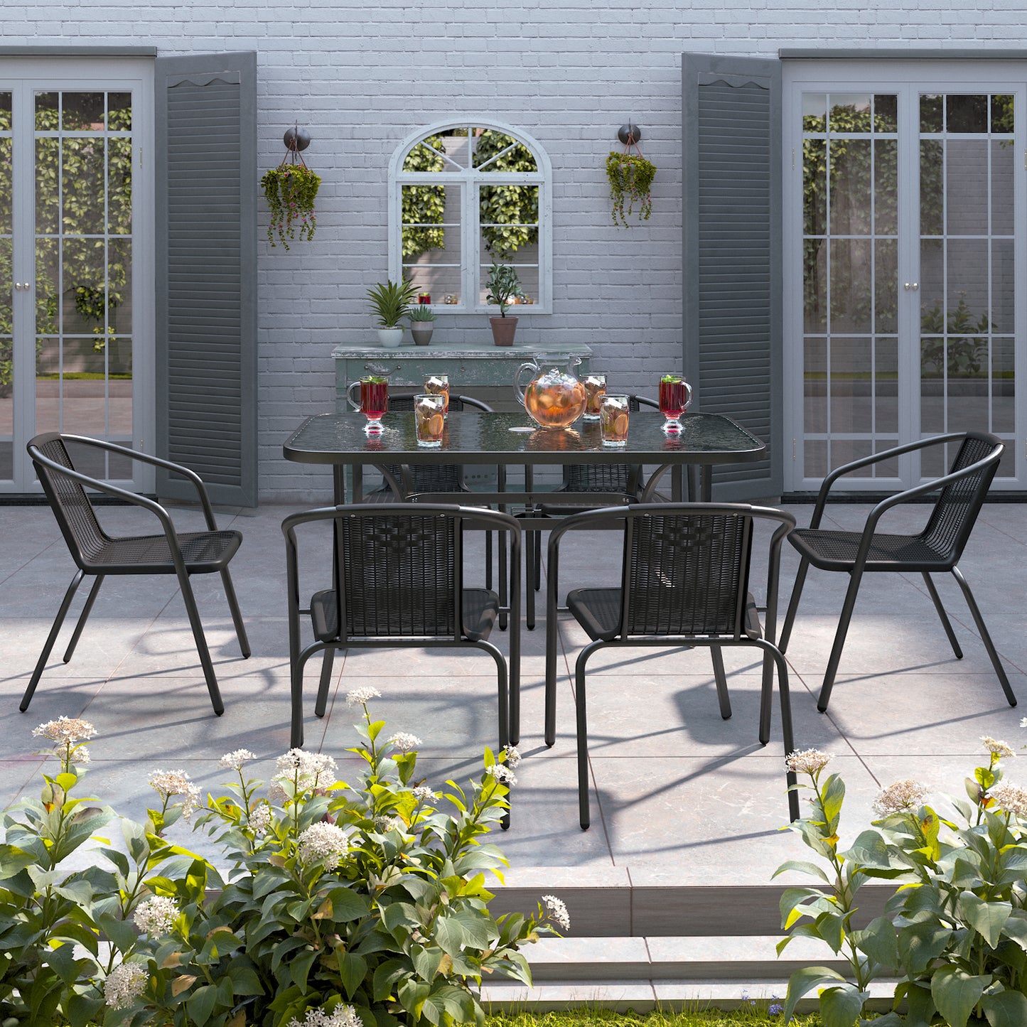 Rectangular Garden Patio Table with Folding Chairs