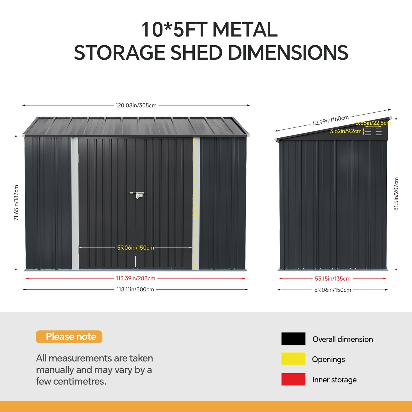 10x5FT Metal Garden Storage Shed with Lockable Double Doors