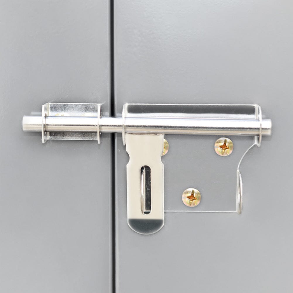 Close-Up of Locking System on White 9x5ft Garden Shed – Secure and Durable Door Handle Detail