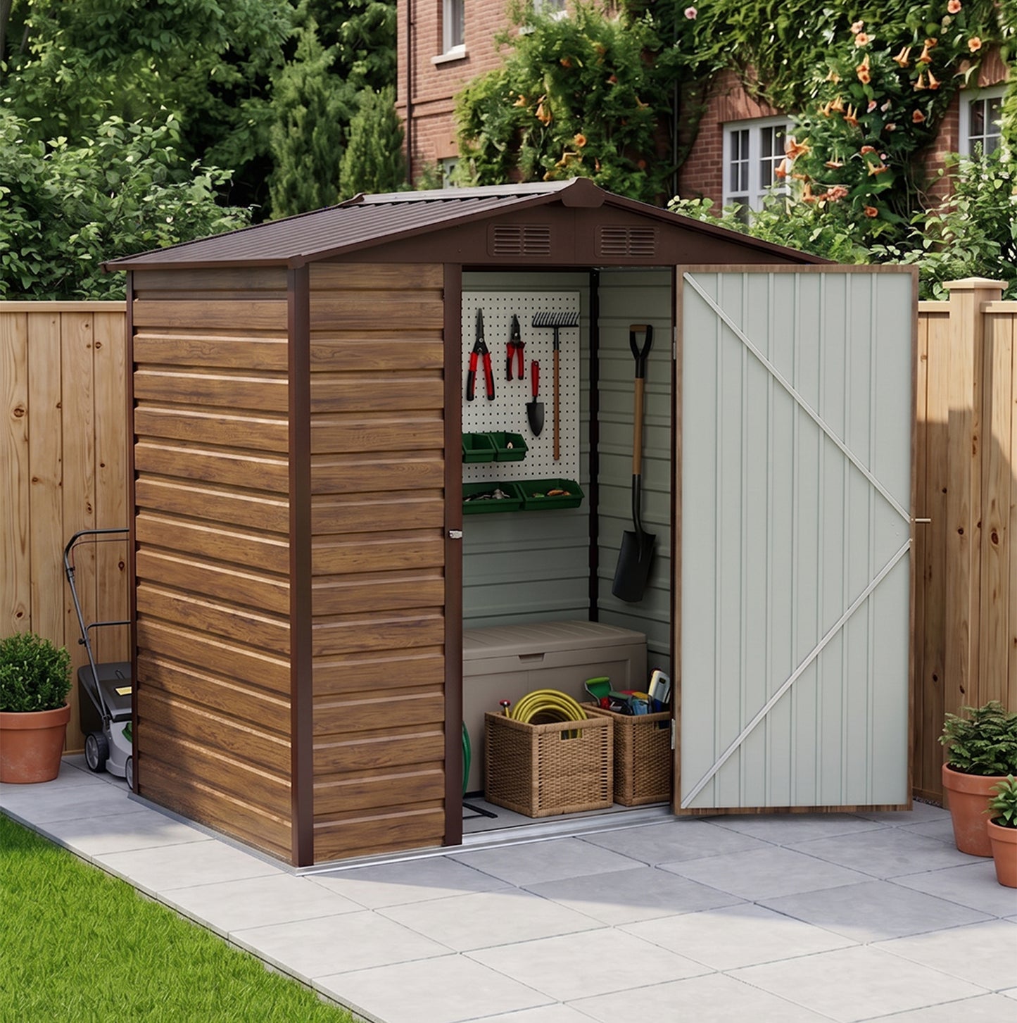 6x4ft Wood Grain Metal Garden Storage Shed With Lockable Door