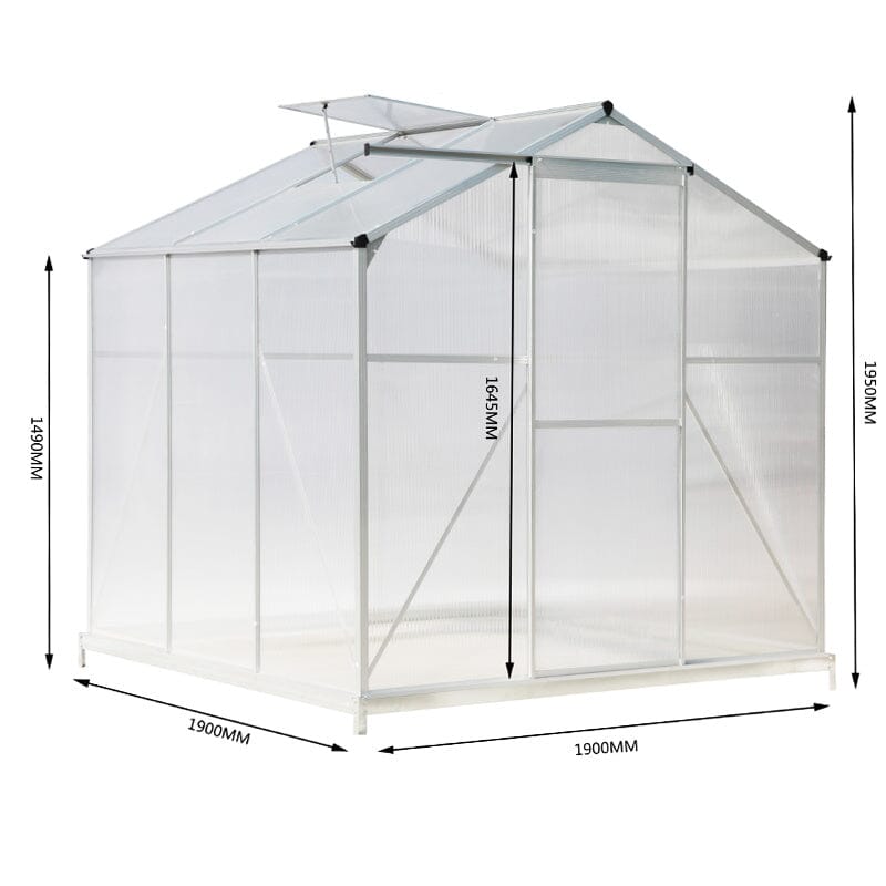 size specifications for 6x6ft garden greenhouse without base frame, aluminum construction
