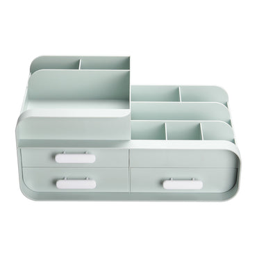 Mint green plastic desktop organizer with open compartments and two pull-out drawers
