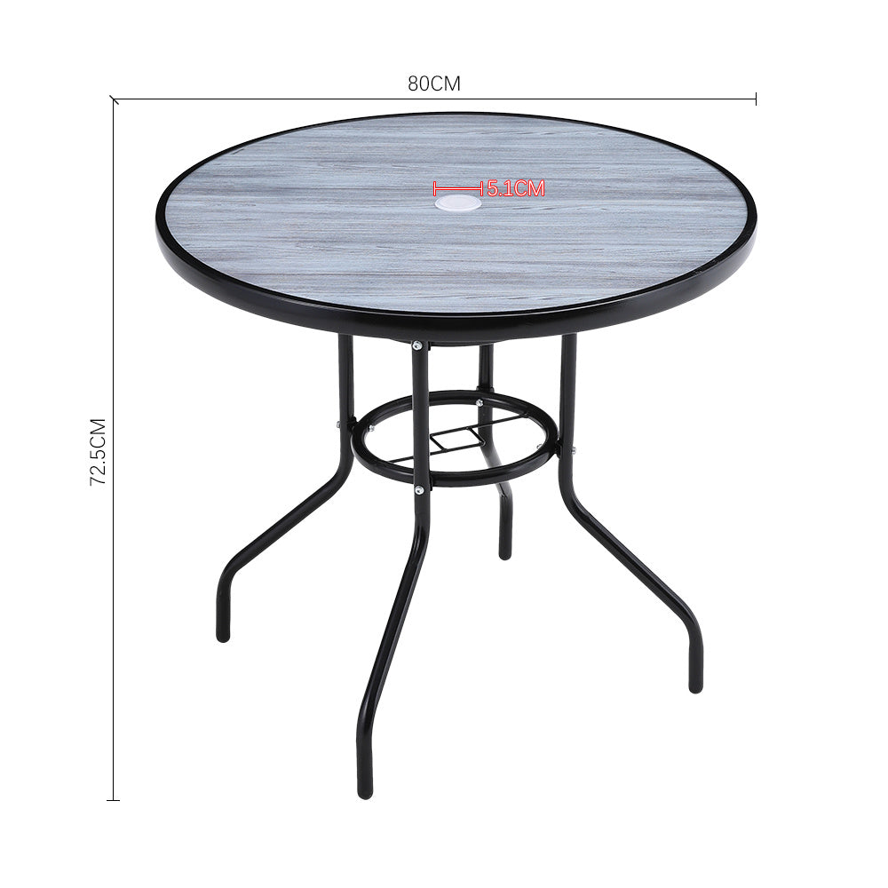 Dimensions diagram of 82 cm diameter black round patio table with wood grain glass top