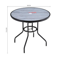 Dimensions diagram of 82 cm diameter black round patio table with wood grain glass top