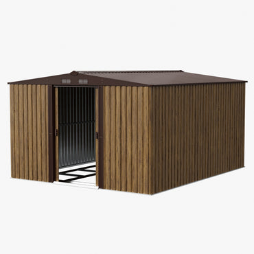 10x12ft Wood Grain Metal Garden Storage Shed With Double Sliding Doors