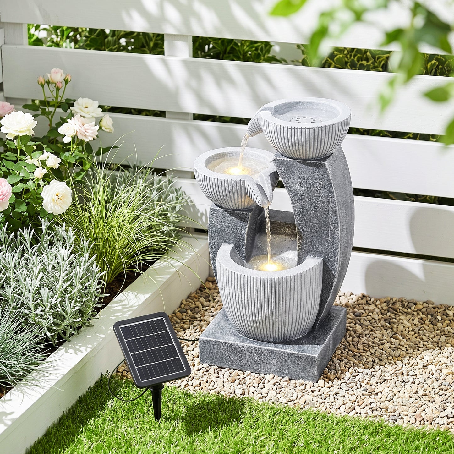 Solar-Powered Garden Water Fountain Natural Stone Look with LED Lights