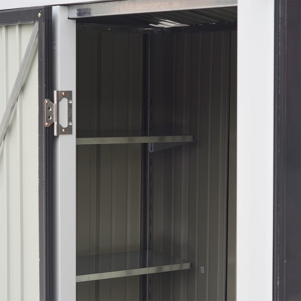 Detail View of Wall-Mounted Rack in 5x3ft Metal Garden Shed – Organized Tool Storage