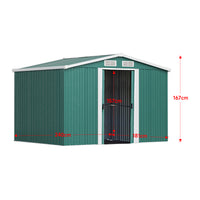 Detailed dimensions of 6x8ft green metal garden shed with width, depth, and height measurements