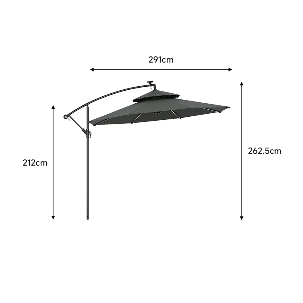 Octagon Double-Top Lighted Cantilever Parasol Umbrella with Base