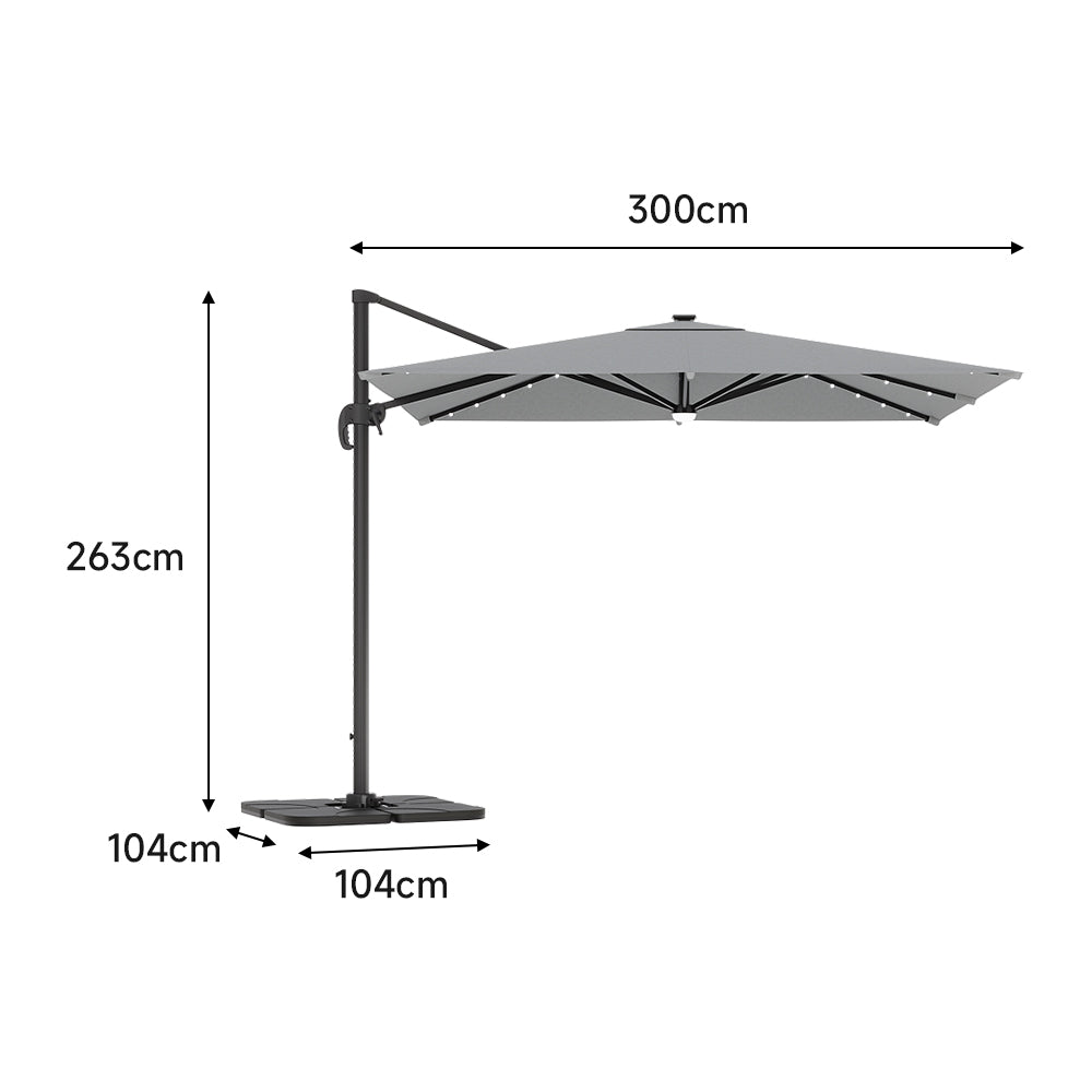 3M Garden Square Cantilever Parasol Umbrella with LED Lights