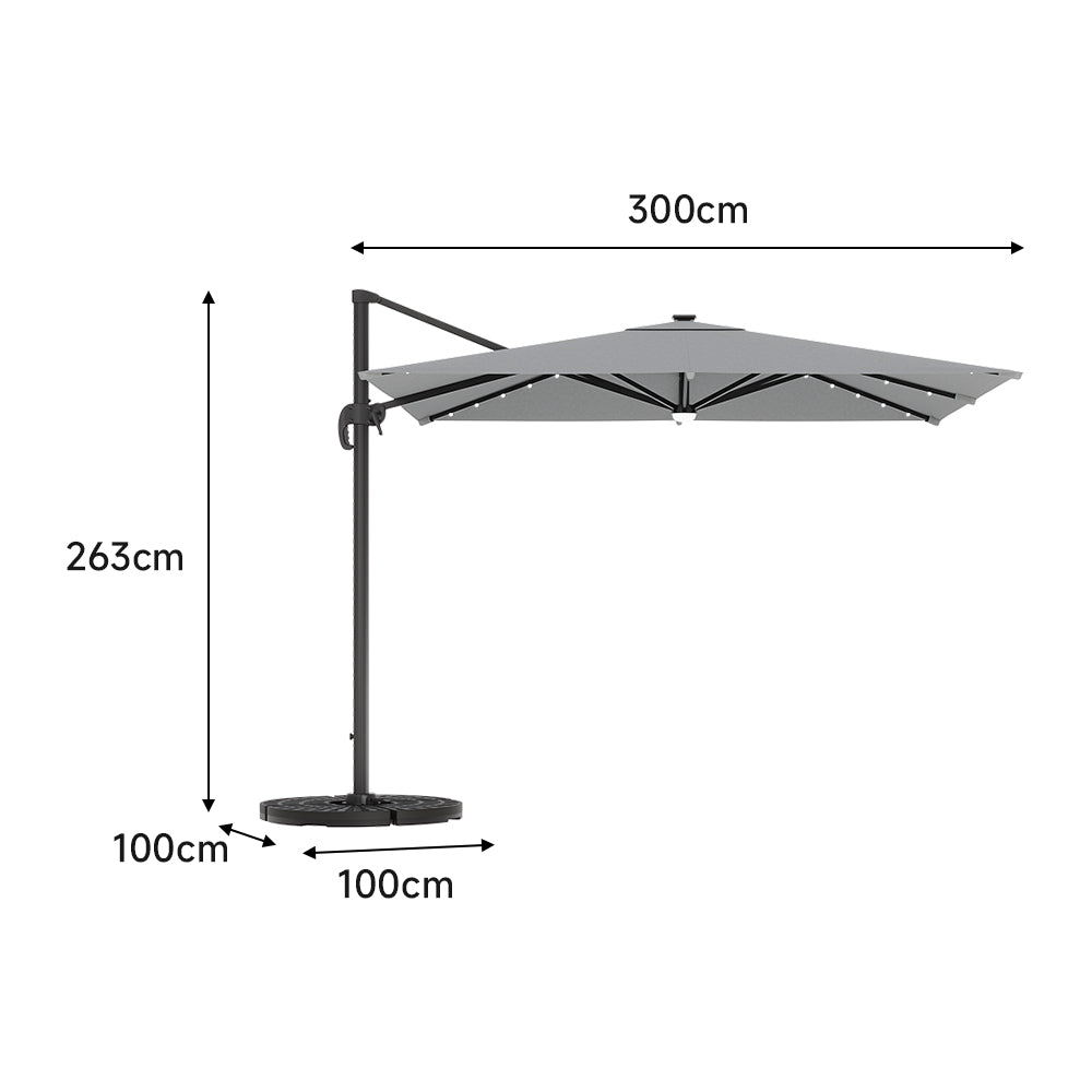 3M Garden Square Cantilever Parasol Umbrella with LED Lights