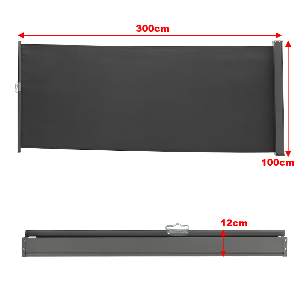 Dimensions of 300cm x 100cm Dark Grey Outdoor Side Awning – Foldable Retractable Design