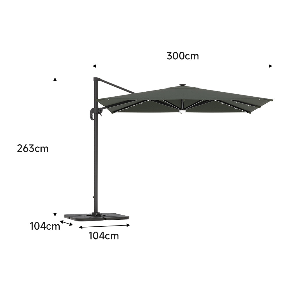 3M Garden Square Cantilever Parasol Umbrella with LED Lights