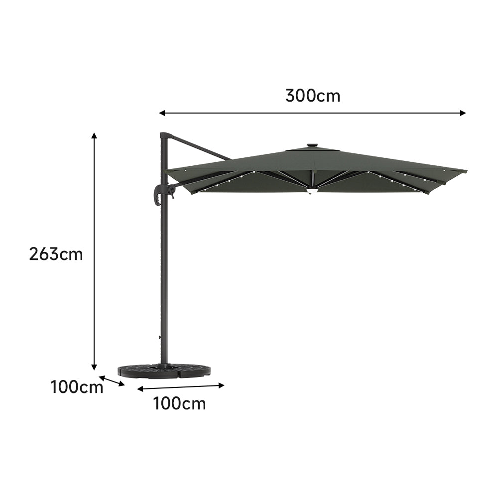 3M Garden Square Cantilever Parasol Umbrella with LED Lights