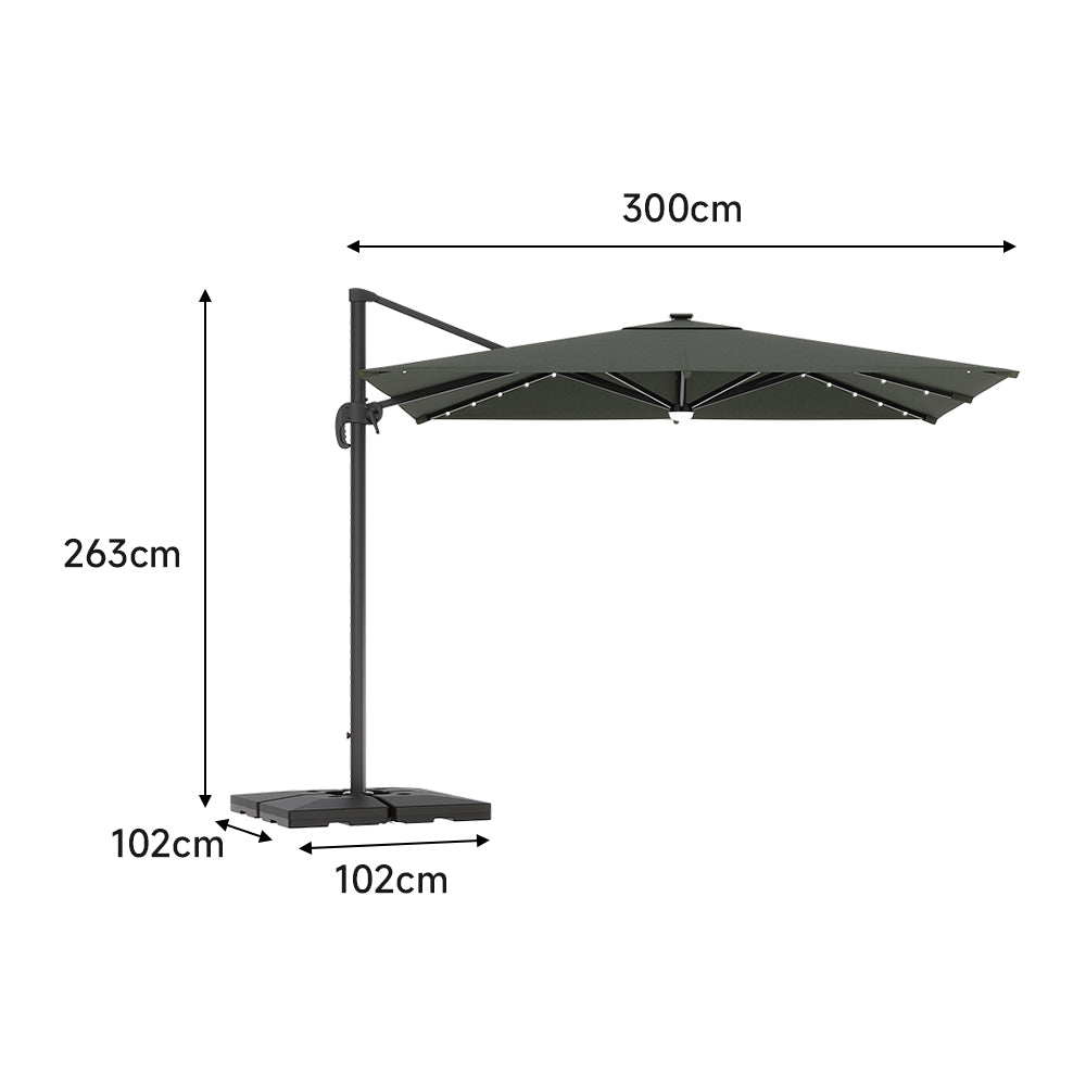 3M Garden Square Cantilever Parasol Umbrella with LED Lights