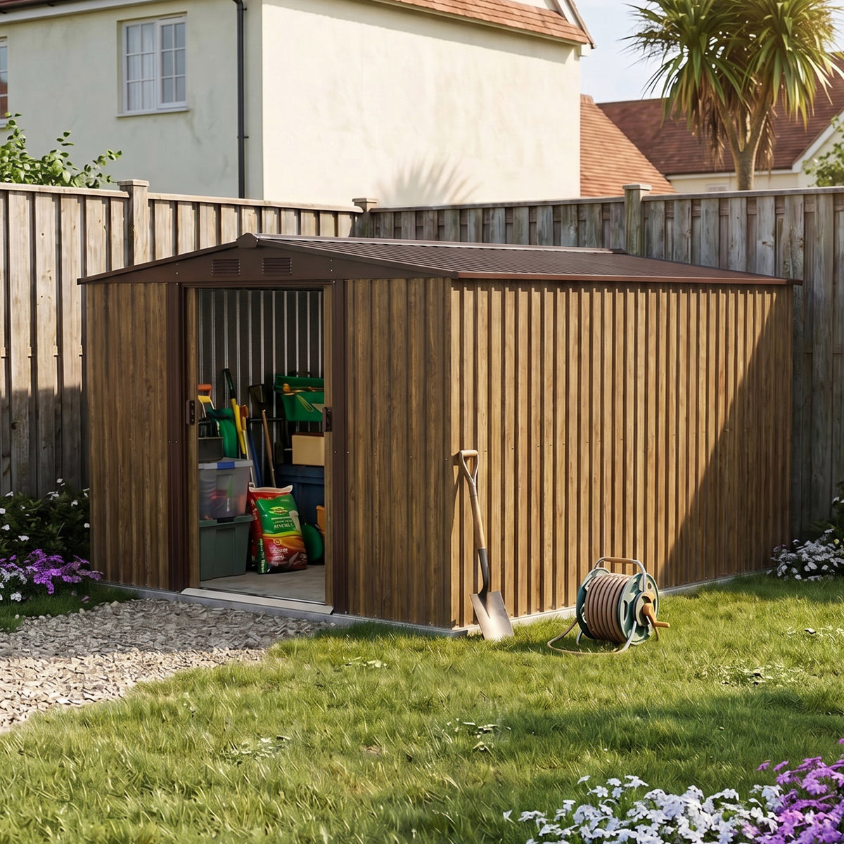 8x10ft Wood Grain Metal Garden Storage Shed With Double Sliding Doors
