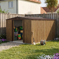 8x10ft Wood Grain Metal Garden Storage Shed With Double Sliding Doors