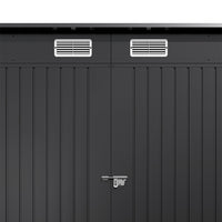 close-up detail of lockable door handle and ventilation panel on 8x4ft galvanized steel garden shed