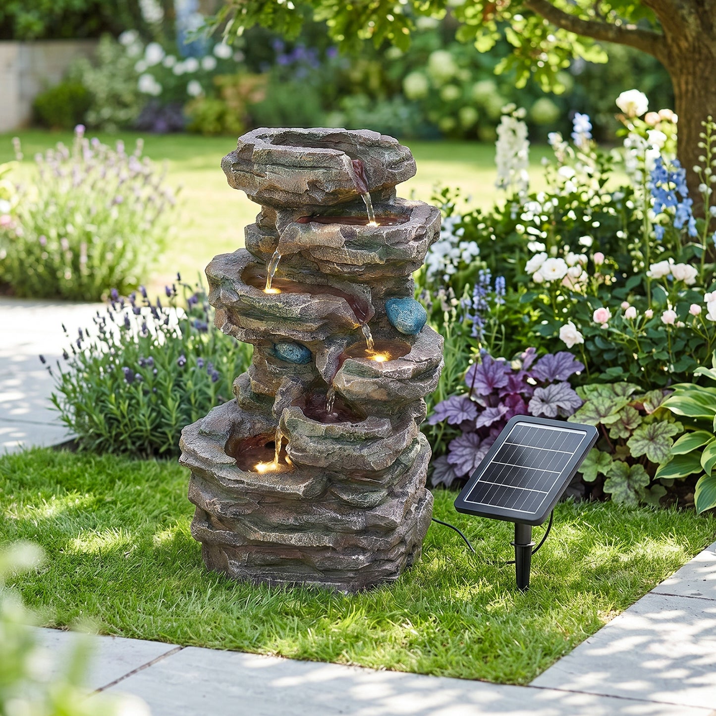 Solar-Powered Outdoor Garden Water Fountain with Cascading Tiers and LED Lights