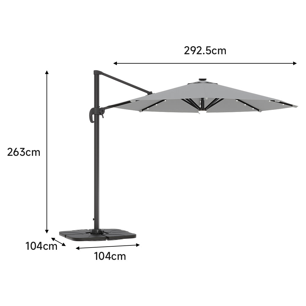 Round Cantilever Garden Parasol Umbrella with Solar Light and Base