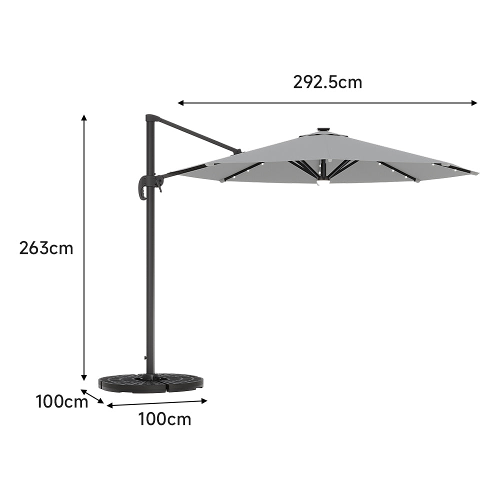 Round Cantilever Garden Parasol Umbrella with Solar Light and Base