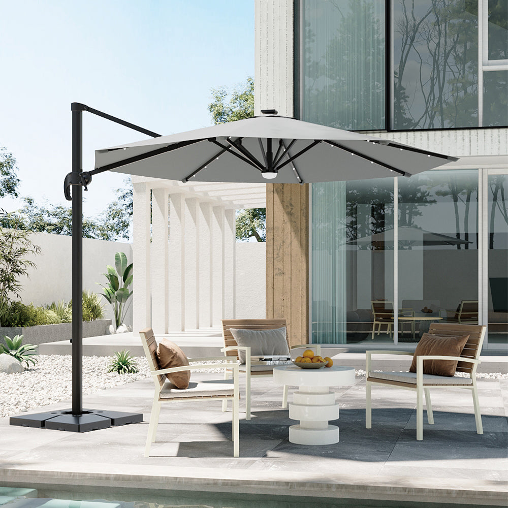 Round Cantilever Garden Parasol Umbrella with Solar Light and Base