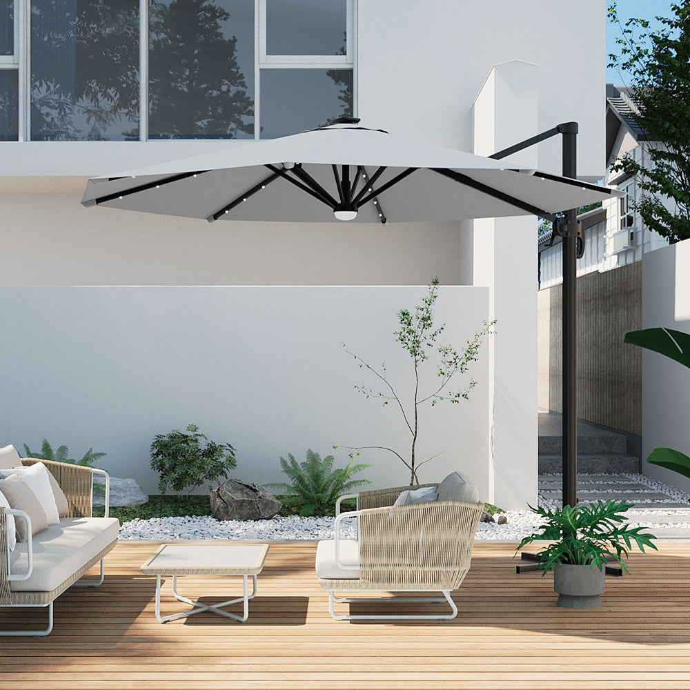 Round Cantilever Garden Parasol Umbrella with Solar Light and Base