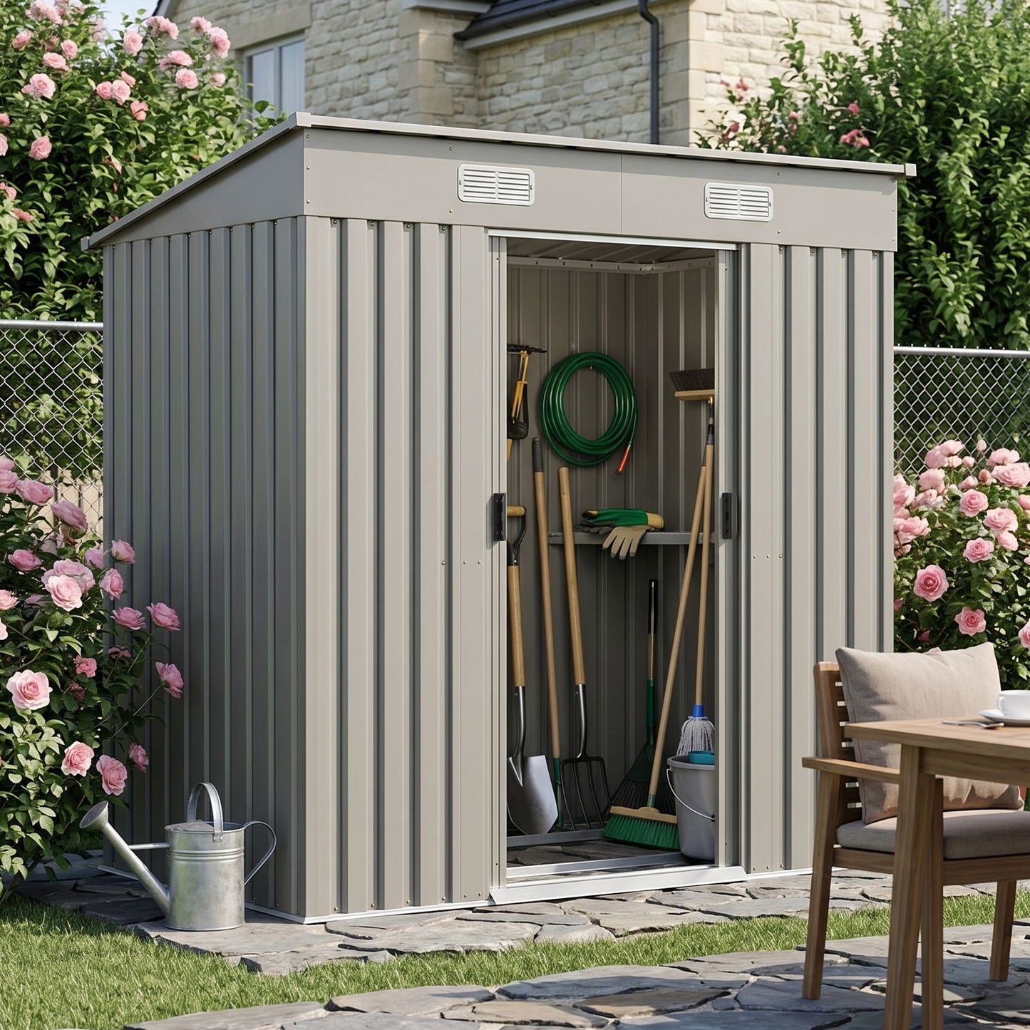 6x4FT Metal Garden Storage Shed with Lockable Sliding Doors