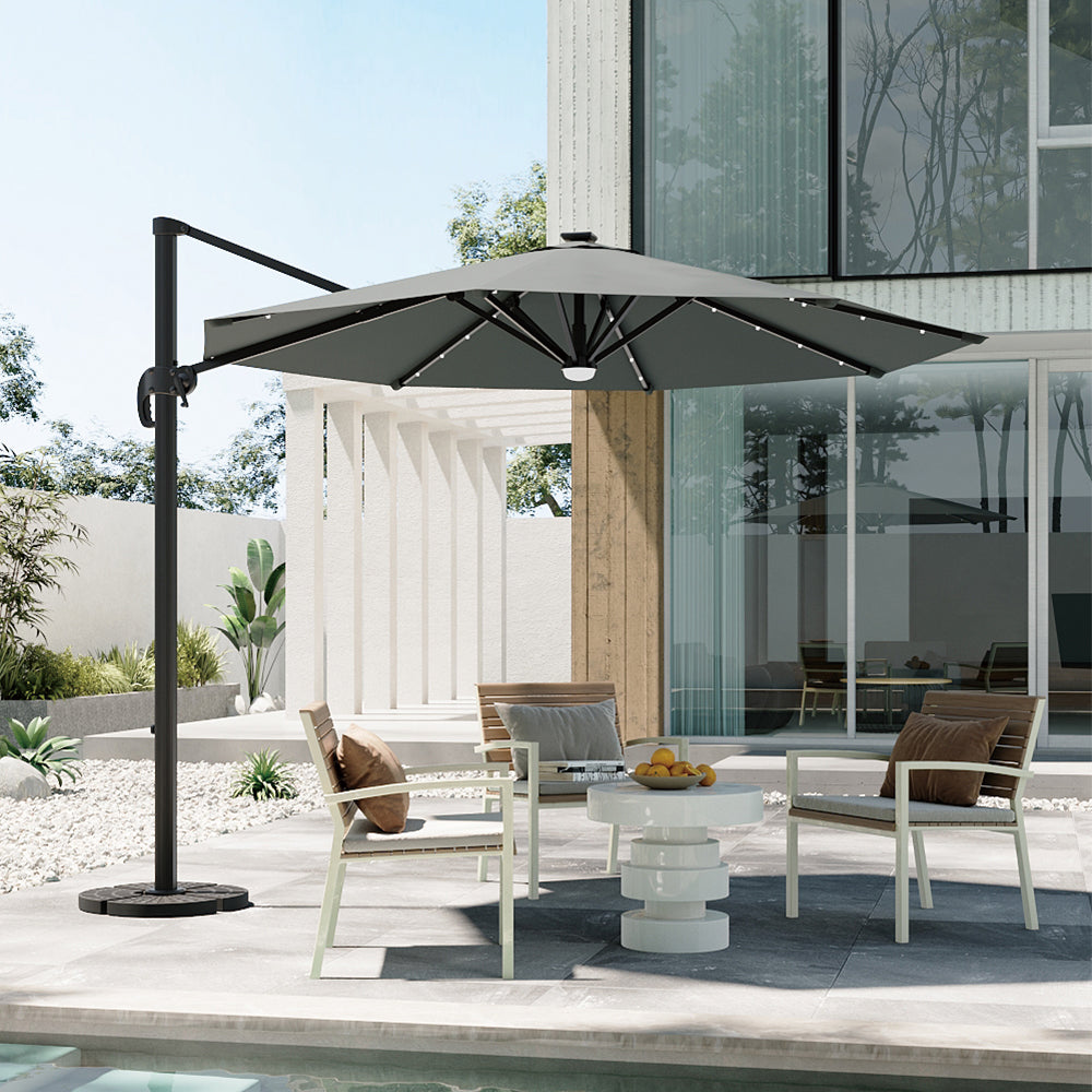 Round Cantilever Garden Parasol Umbrella with Solar Light and Base