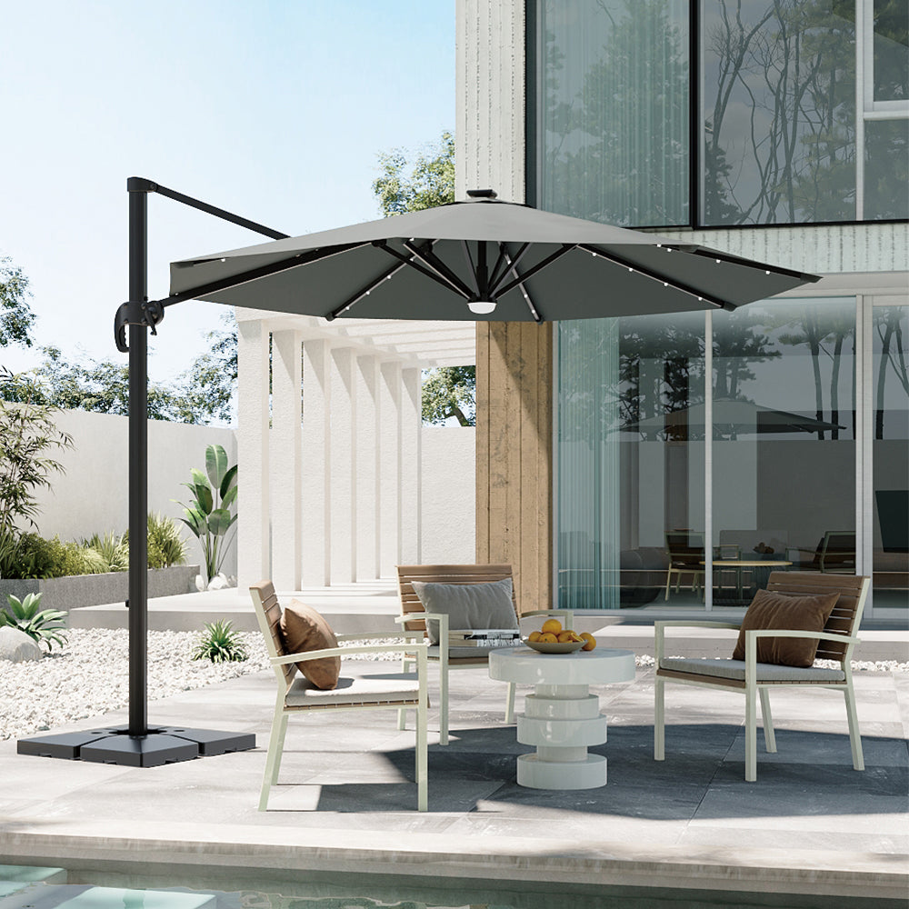 Round Cantilever Garden Parasol Umbrella with Solar Light and Base