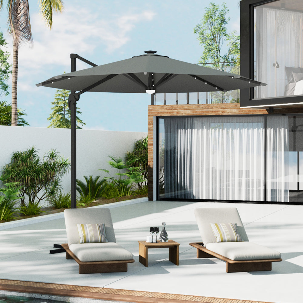 Round Cantilever Garden Parasol Umbrella with Solar Light and Base