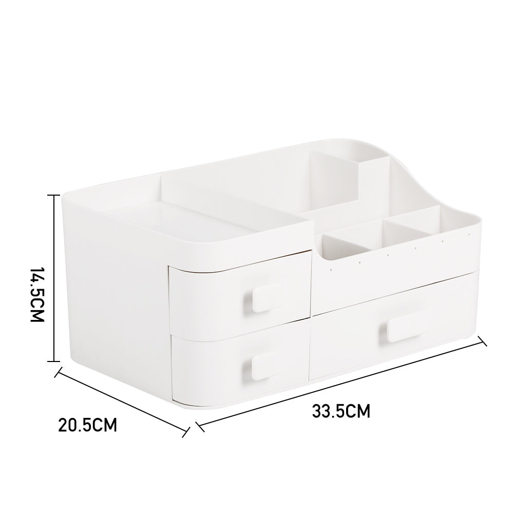 White plastic makeup organizer with two drawers and multiple divider compartments