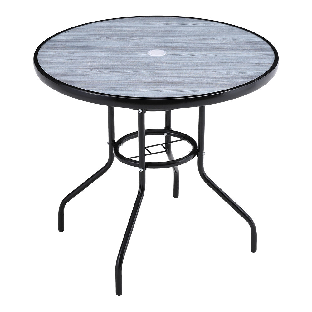 82 cm black round patio table with tempered glass and wood grain, white background – outdoor table product image