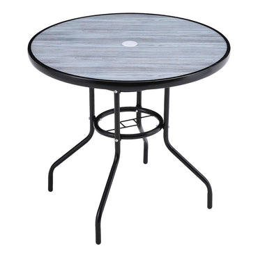 82 cm black round patio table with tempered glass and wood grain, white background – outdoor table product image