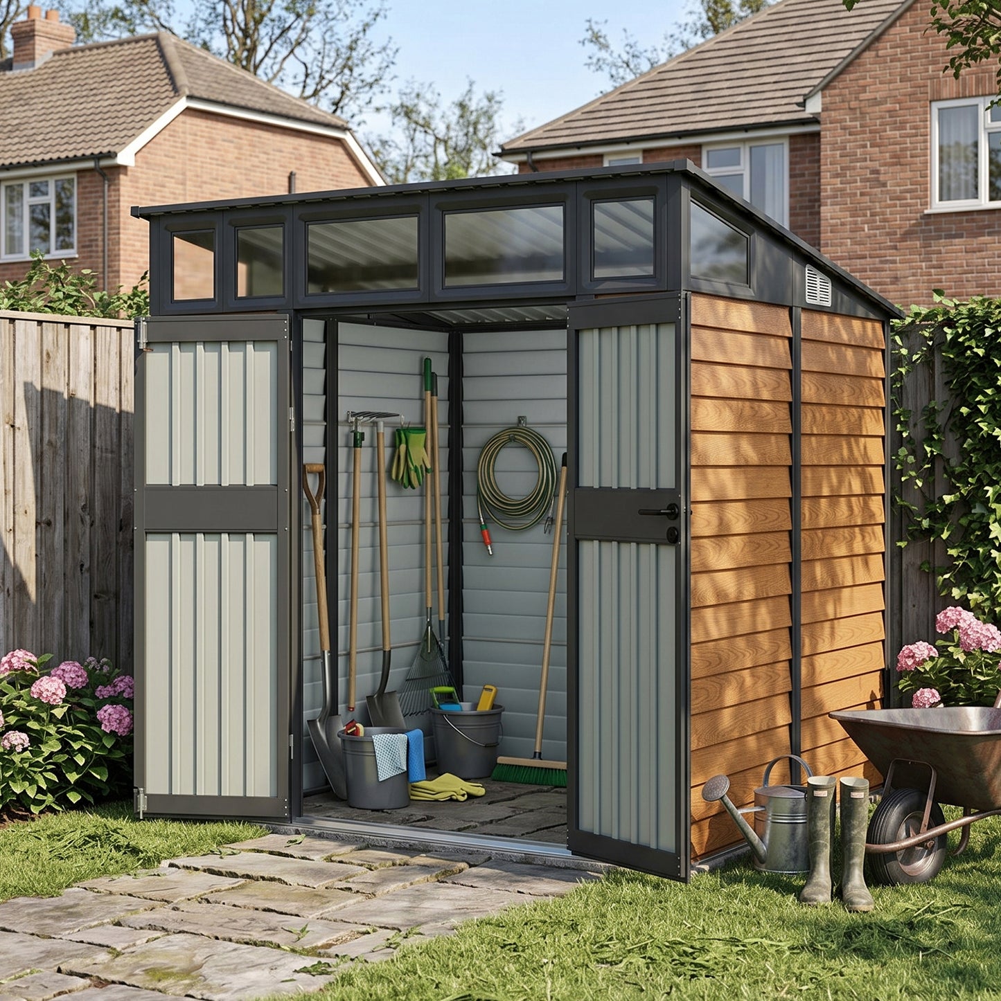 8x7FT Metal Garden Tool Storage Shed with Lockable Double Doors