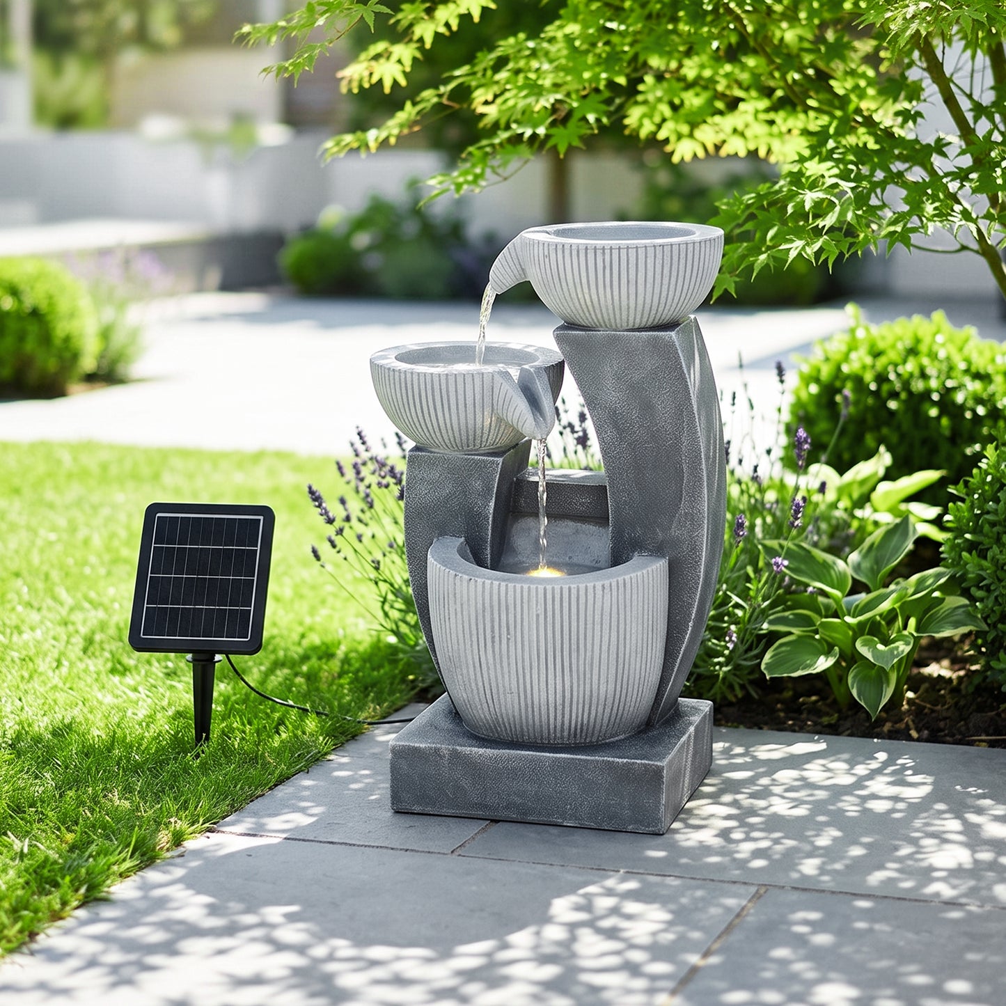 Solar-Powered Garden Water Fountain Natural Stone Look with LED Lights