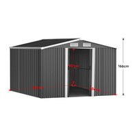 Measurement diagram of 10x8ft black metal garden shed with detailed dimensions
