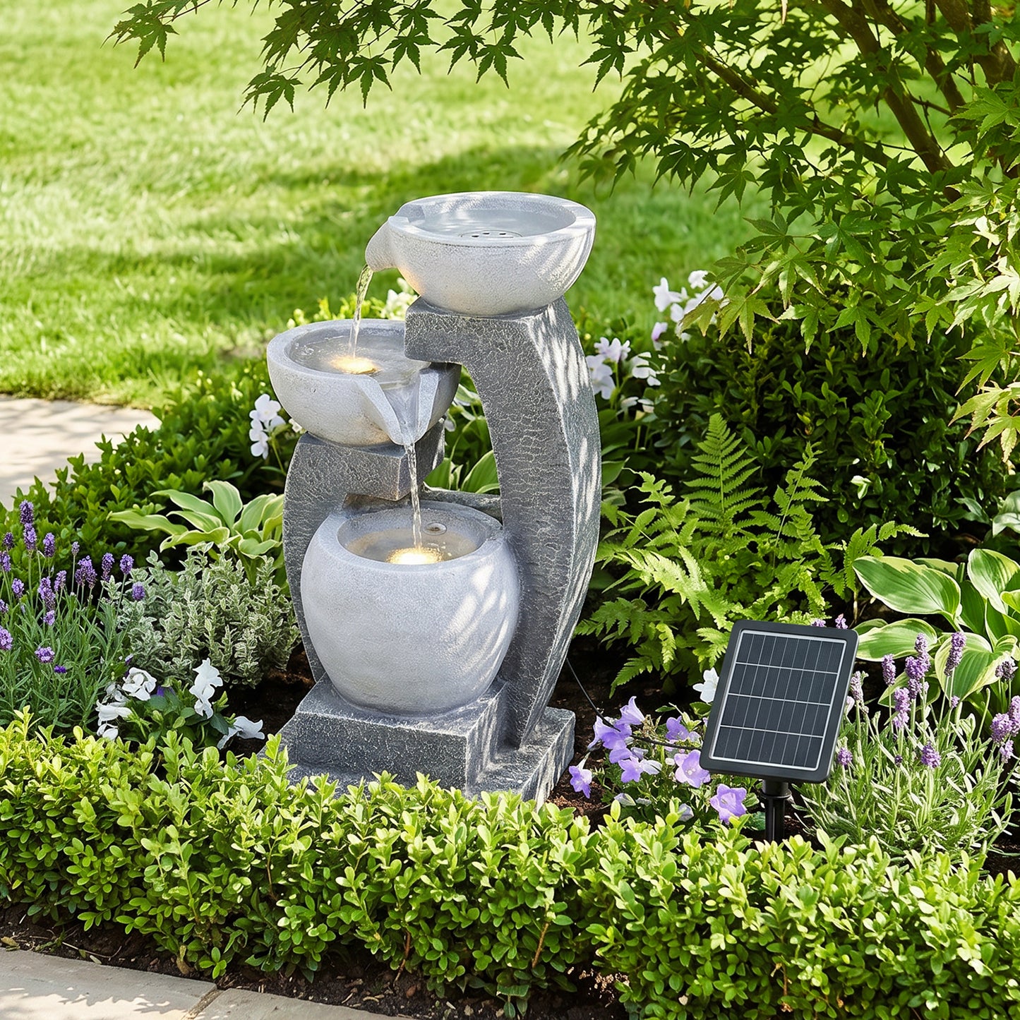 Solar-Powered Water Fountain Outdoor Garden Feature with LED Lights