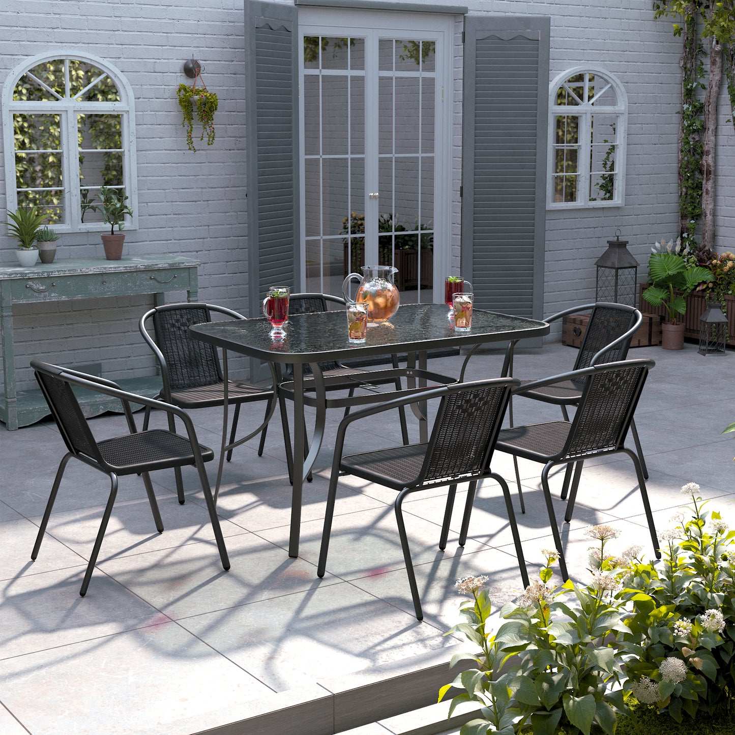 Rectangular Garden Patio Table with Folding Chairs